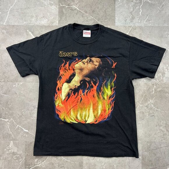 Vintage The Doors Graphic Tee Mens Large Jim Morrison Flames Set Night On Fire - Picture 1 of 13